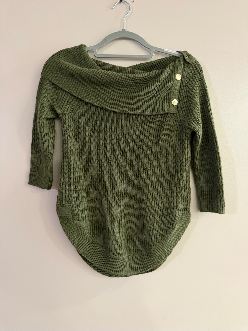 Madison Olive Off-the-Shoulder Ribbed Sweater with Button Detail